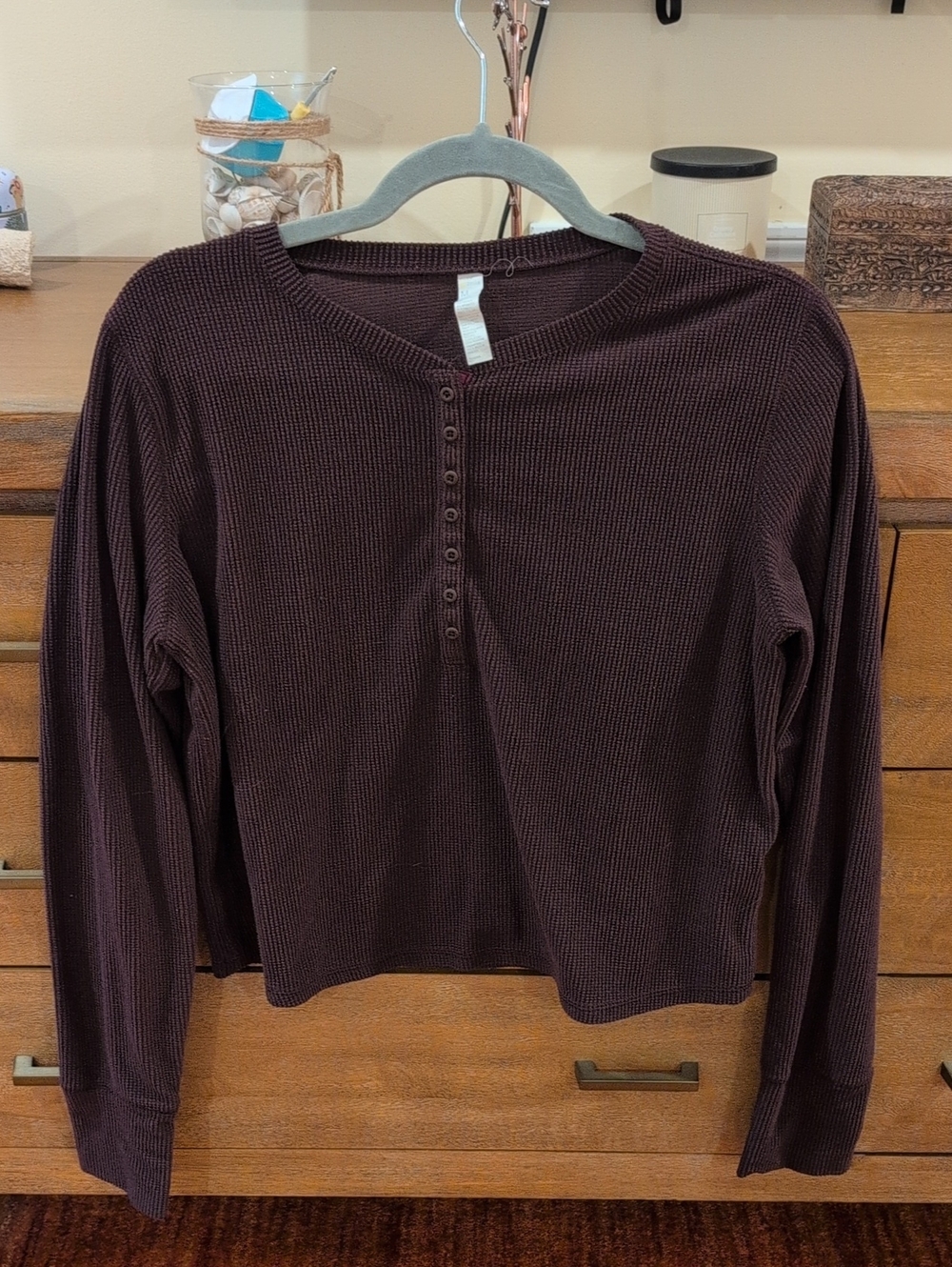 Zella Chocolate Burgundy Brown Waffle Henley Long-Sleeve Top